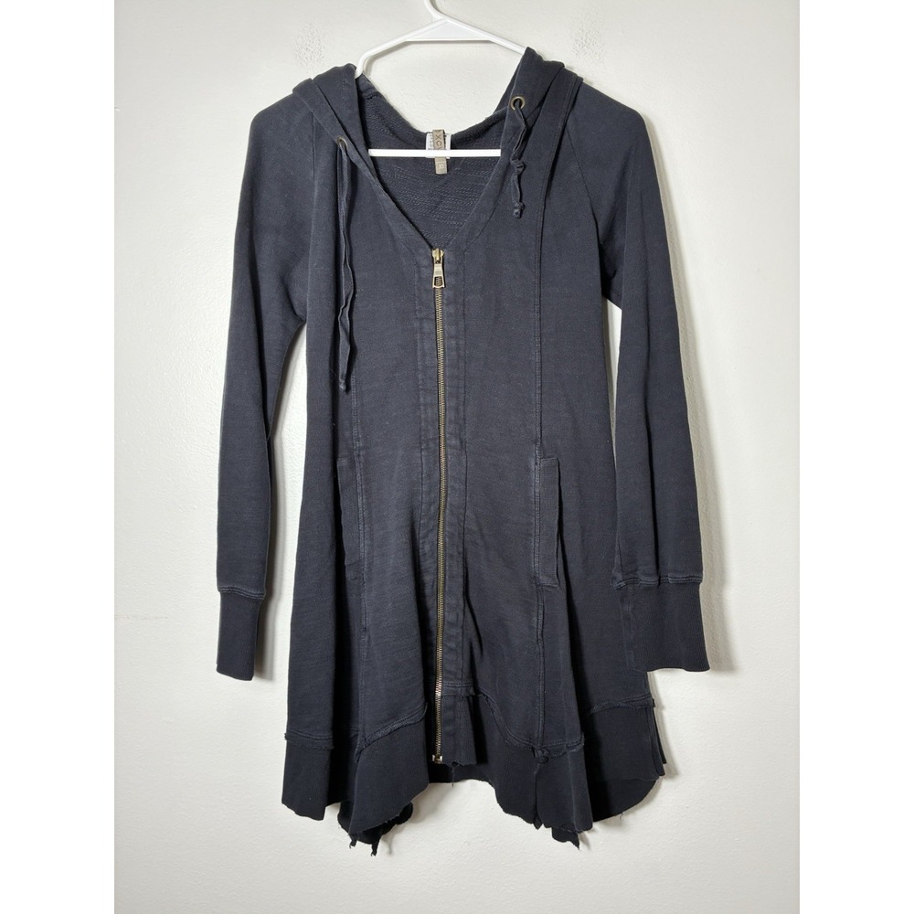 XCVI Full Zip Tunic Sweater XS Black Whimsy Goth Minimalist Asymmetrical Hem